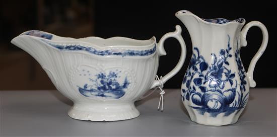 A Worcester blue and white little fisherman pattern sauceboat, and a Worcester Hollow Rock Lily pattern cream jug